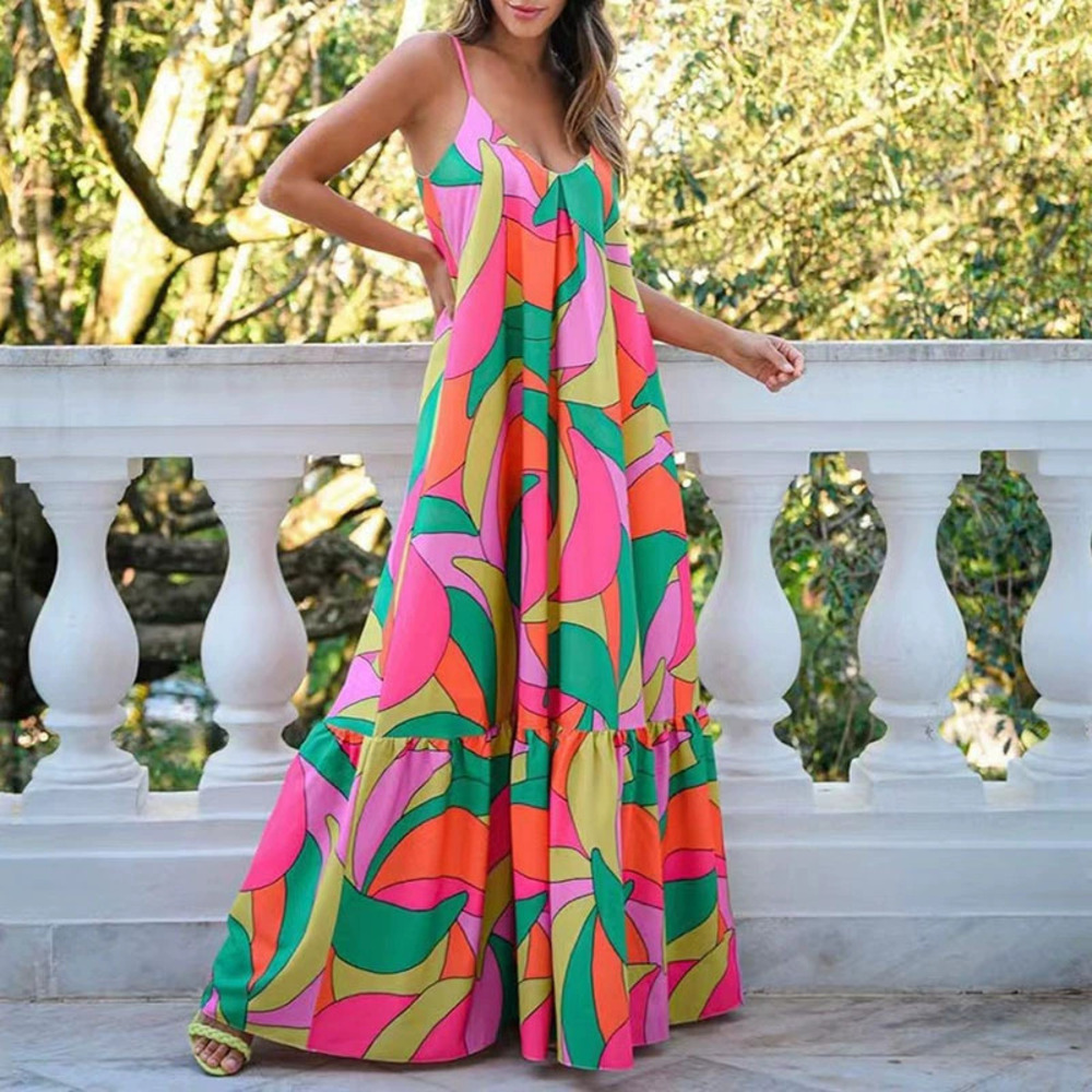 ZARA Summer French Office Deep V Backless Spaghetti Strap Print Maxi Dress